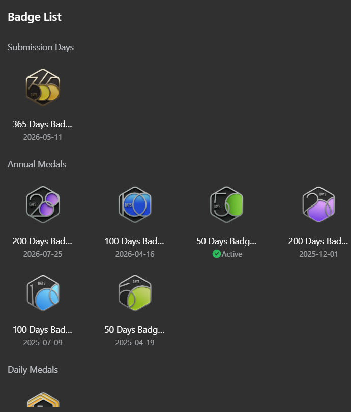 LeetCode badge collection including the 365 Days Badge