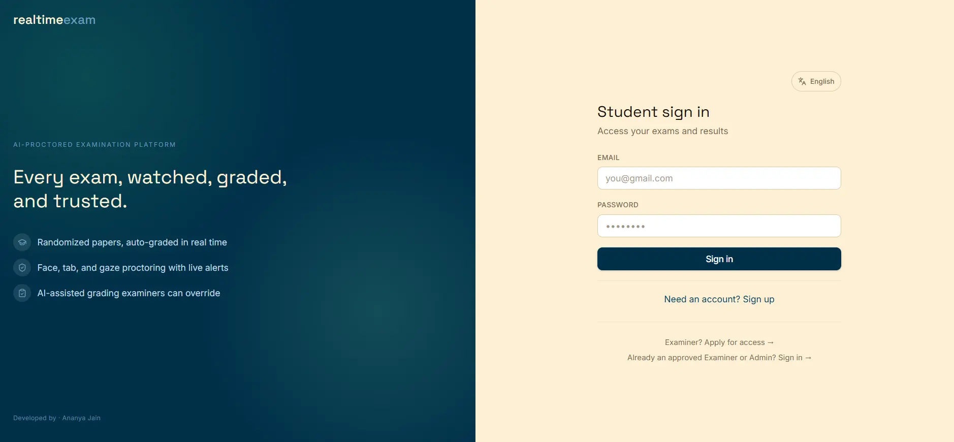 ExamFlow AI-proctored examination sign-in interface