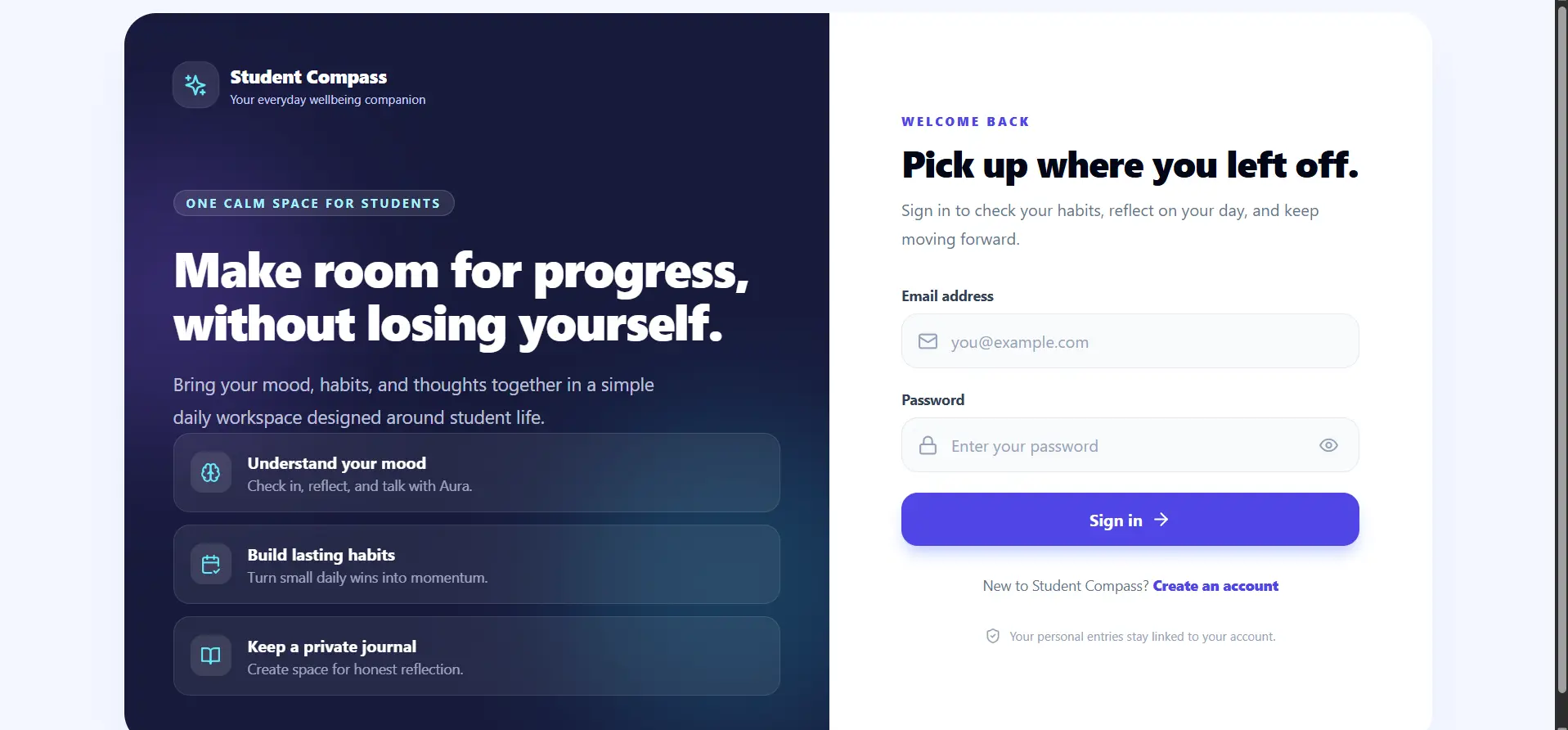 Student Compass wellbeing platform sign-in interface